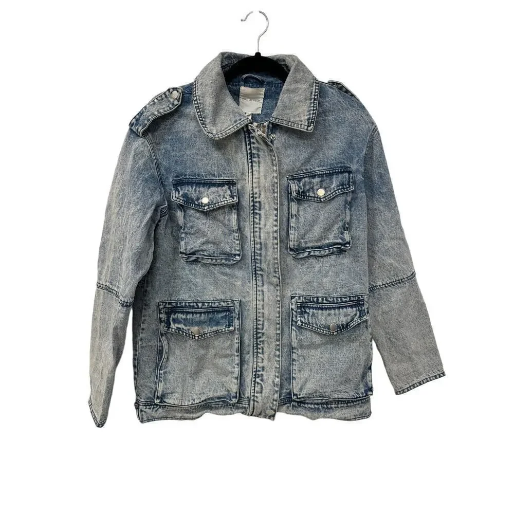 Avec Les Filles Acid Wash Denim Utility Jacket Size Medium Safari Style - Picture 6 of 10